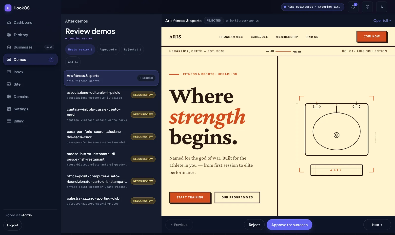 The Demos screen: a finished website for a fitness studio shown beside the review queue, with approve and reject buttons.